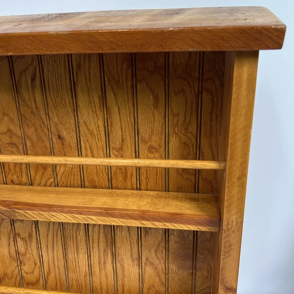 VTG Wood Wall Shelf Spice Rack Rustic Farmhouse Hanging Display 20x16 w/ Rails